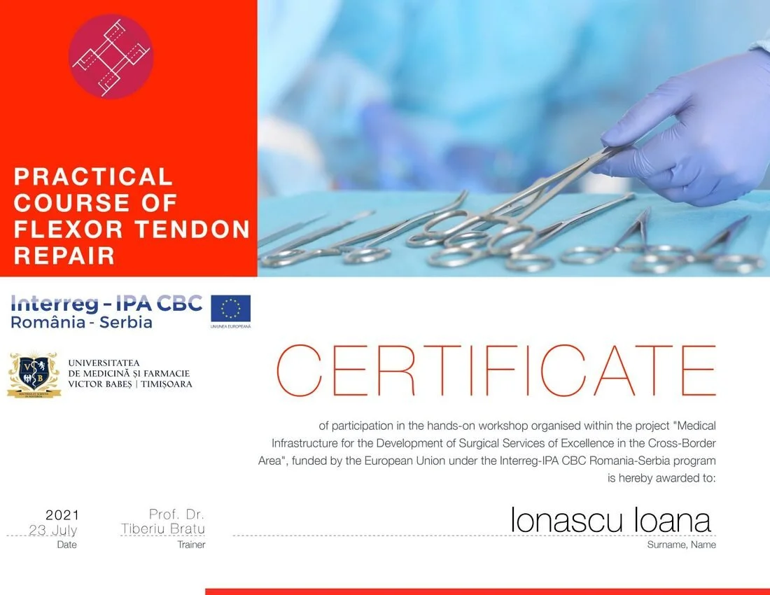 Dr. Ioana Ionașcu - Curs practic de reparare a tendoanelor flexoare (UMF „Victor Babeș"), Timișoara 2021
  • Echipamente & tehnologii estetice