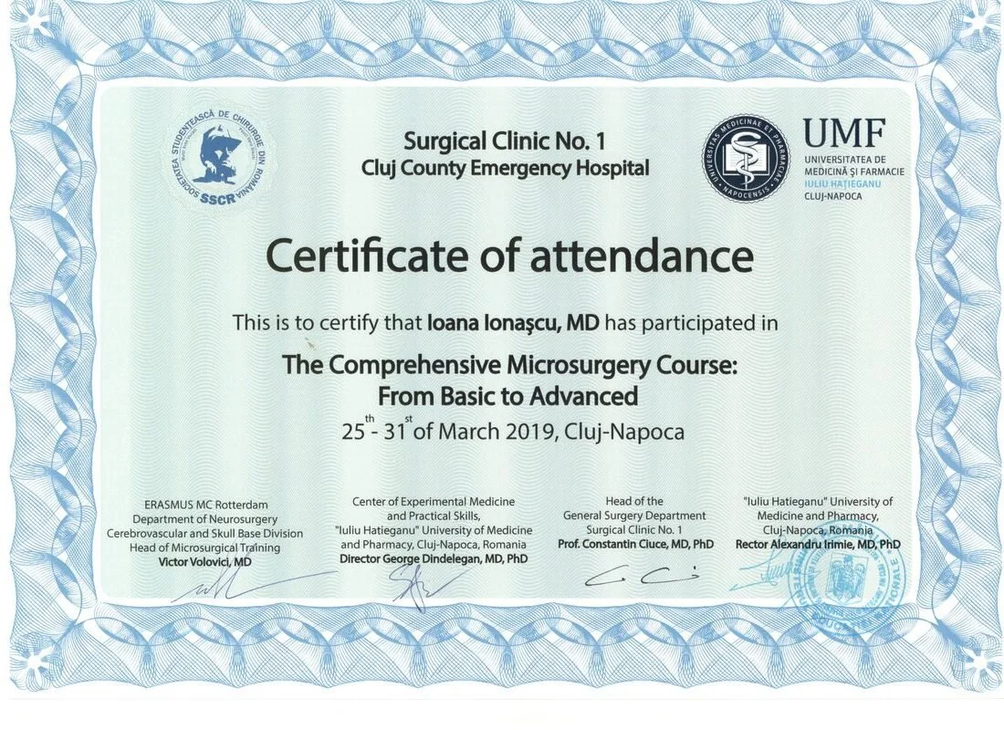 Dr. Ioana Ionașcu - Comprehensive Microsurgery Course: From Basic to Advanced, UMF „Iuliu Hațieganu" Cluj-Napoca 2019