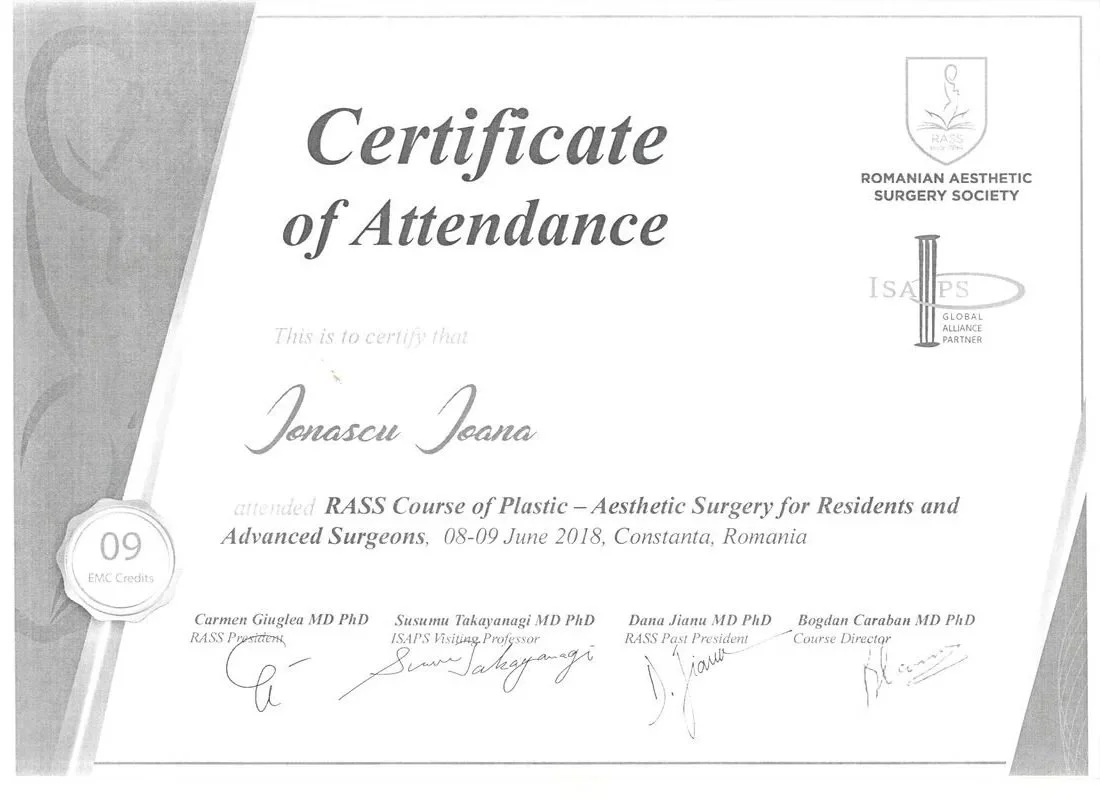 Dr. Ioana Ionașcu - Curs RASS de Chirurgie Plastică–Estetică pentru rezidenți și chirurgi, Constanța 2018 (9 credite EMC)