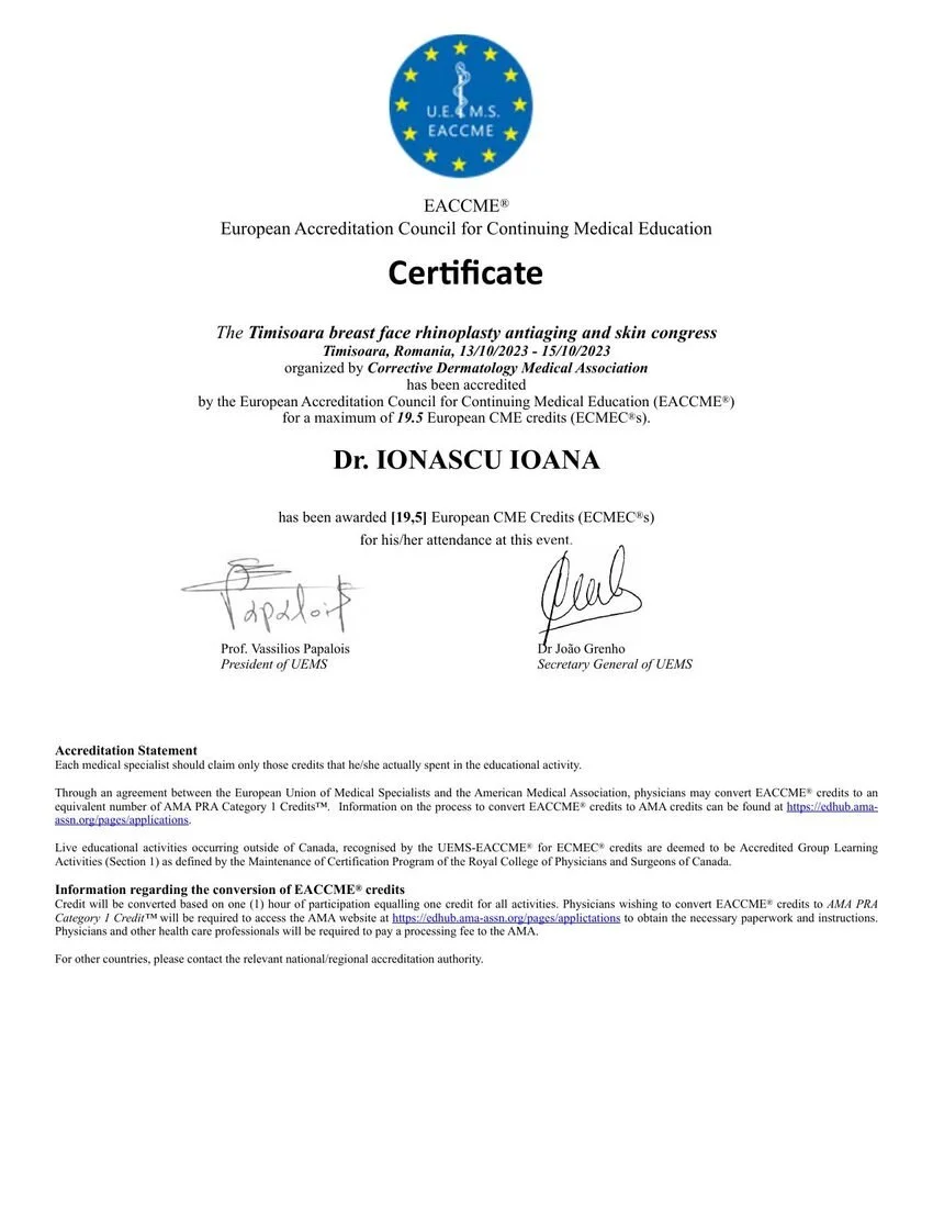 Dr. Ioana Ionașcu - Timișoara Breast, Face, Rhinoplasty, Antiaging and Skin Congress, Timișoara 2023 (19,5 credite CME)
