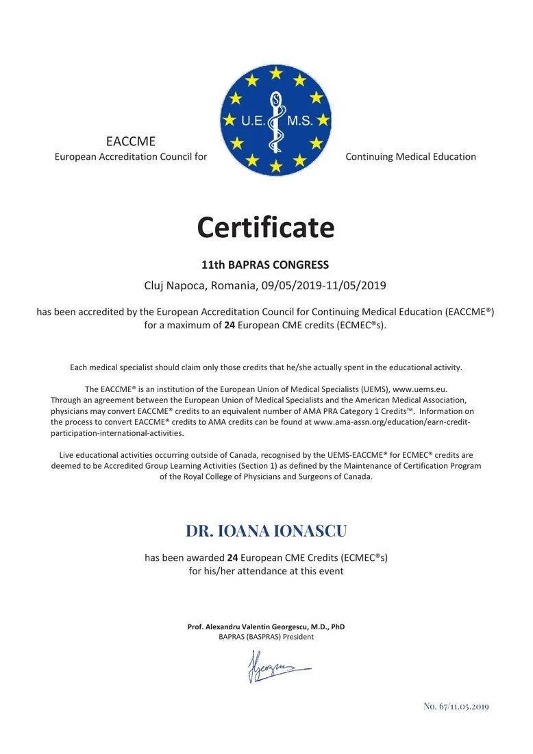 Dr. Ioana Ionașcu - Congresul BAPRAS de Chirurgie Plastică, Cluj-Napoca 2019 (24 credite CME)

