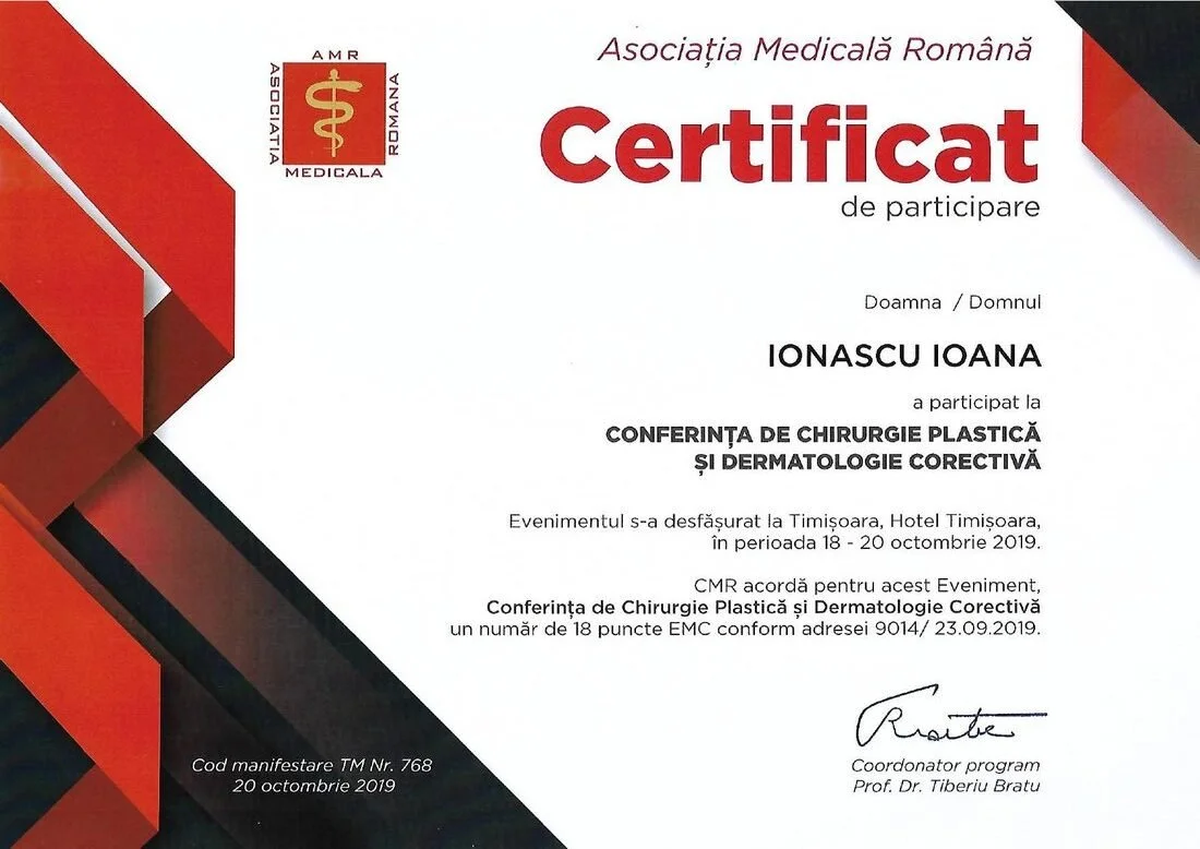 Dr. Ioana Ionașcu - Conferința de Chirurgie Plastică și Dermatologie Corectivă, Timișoara 2019 (18 credite EMC)