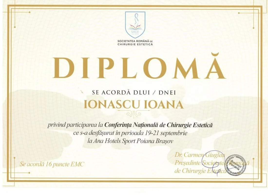Dr. Ioana Ionașcu - Conferința Națională de Chirurgie Estetică (SRCE), Poiana Brașov 2019 (16 credite EMC)
