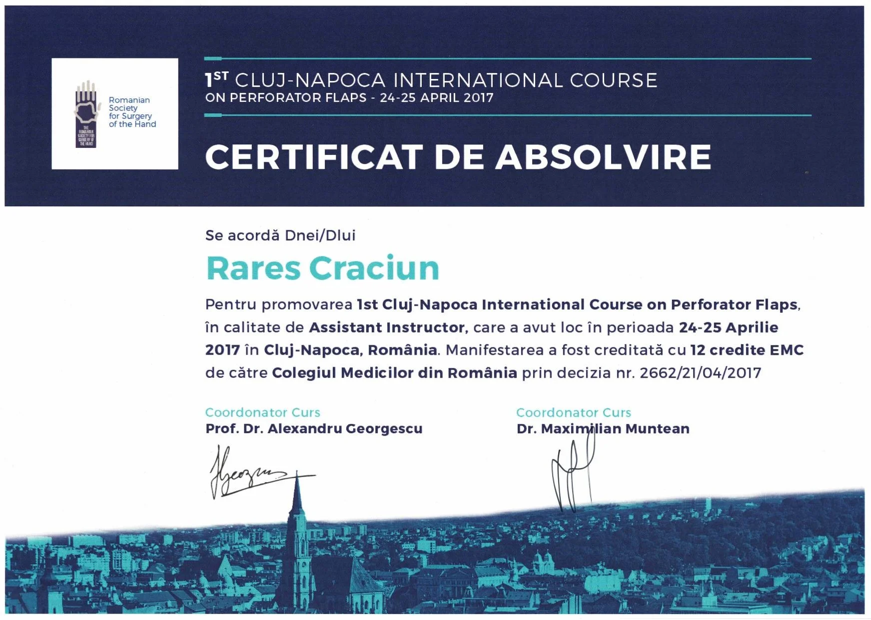 Dr. Crăciun Rareș - Assistant Instructor, Curs Internațional Perforator Flaps, Cluj-Napoca 2017