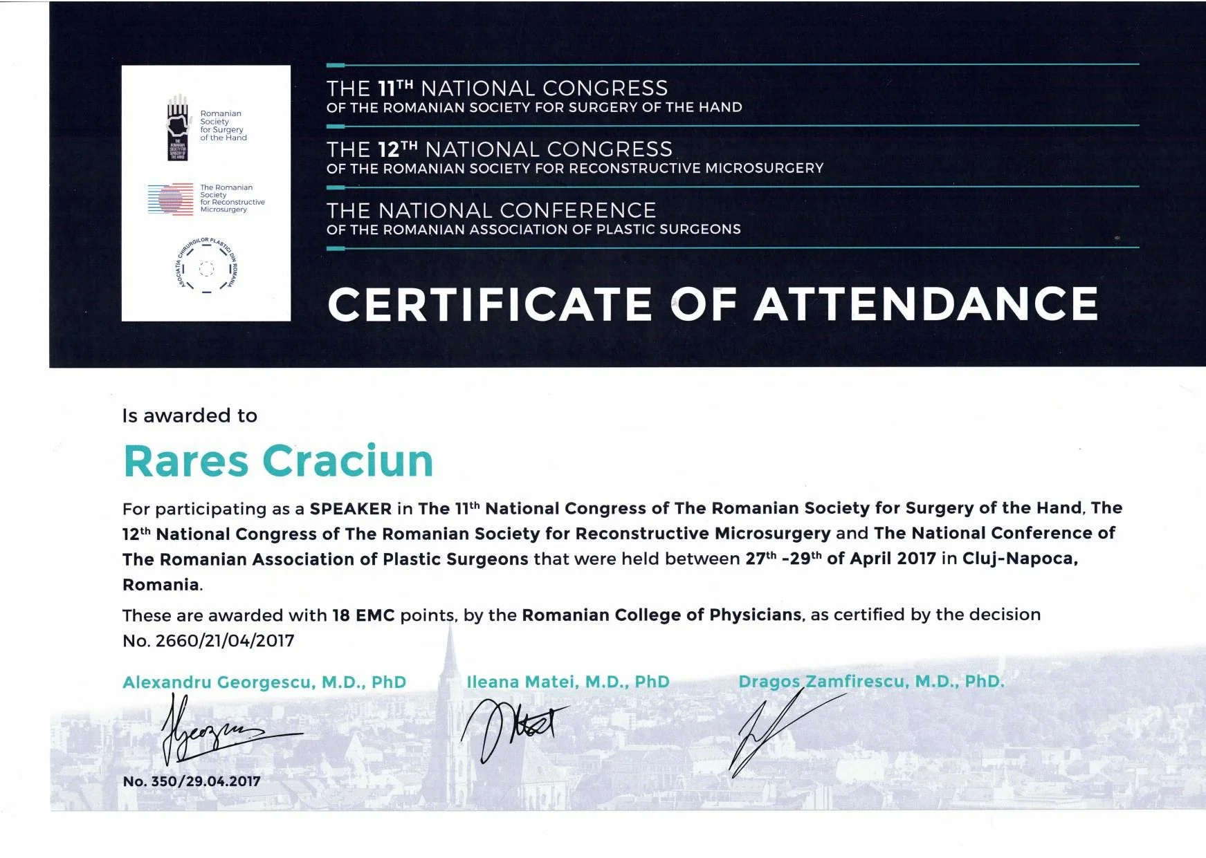 Dr. Crăciun Rareș - Speaker, Congresul Național de Chirurgie a Mâinii și Microchirurgie Reconstructivă, Cluj 2017
