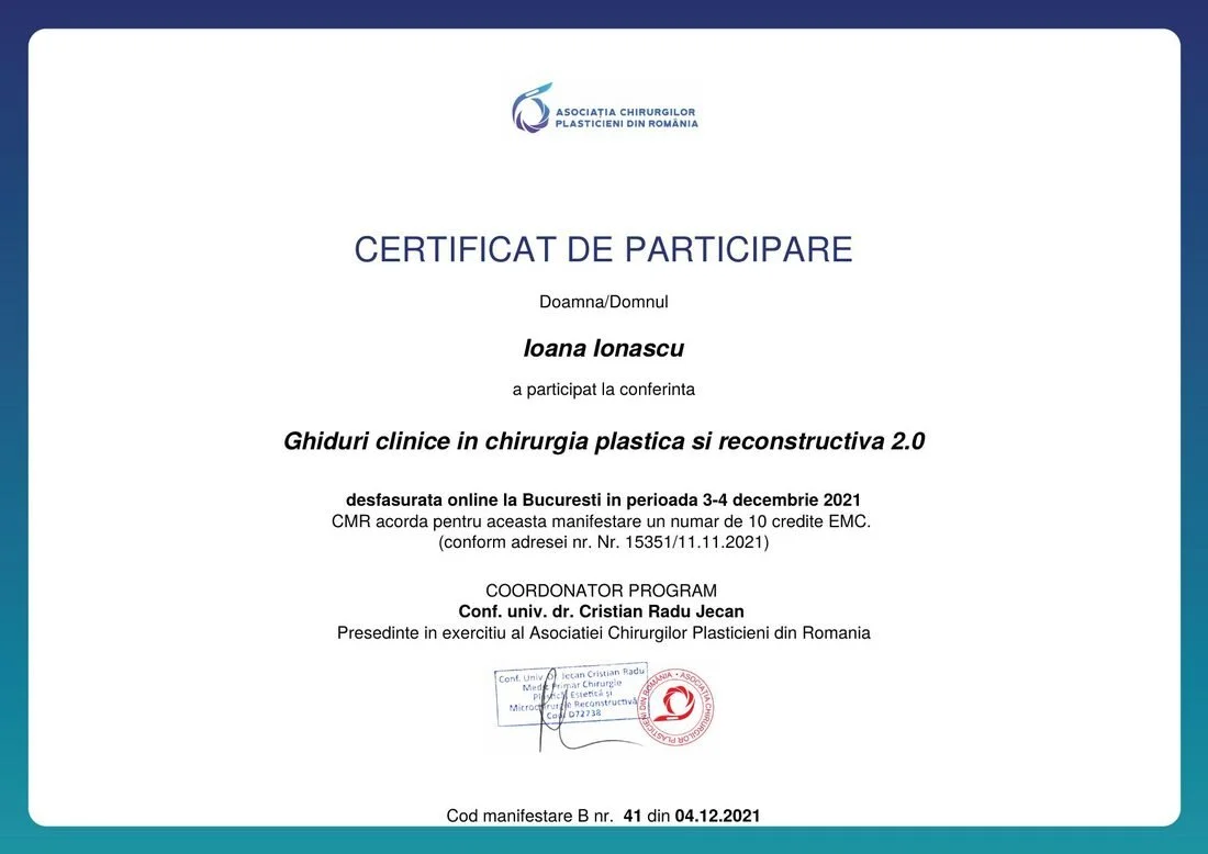 Dr. Ioana Ionașcu - Conferința „Ghiduri clinice în chirurgia plastică și reconstructivă 2.0" (ACPR), 2021 (10 credite EMC)
