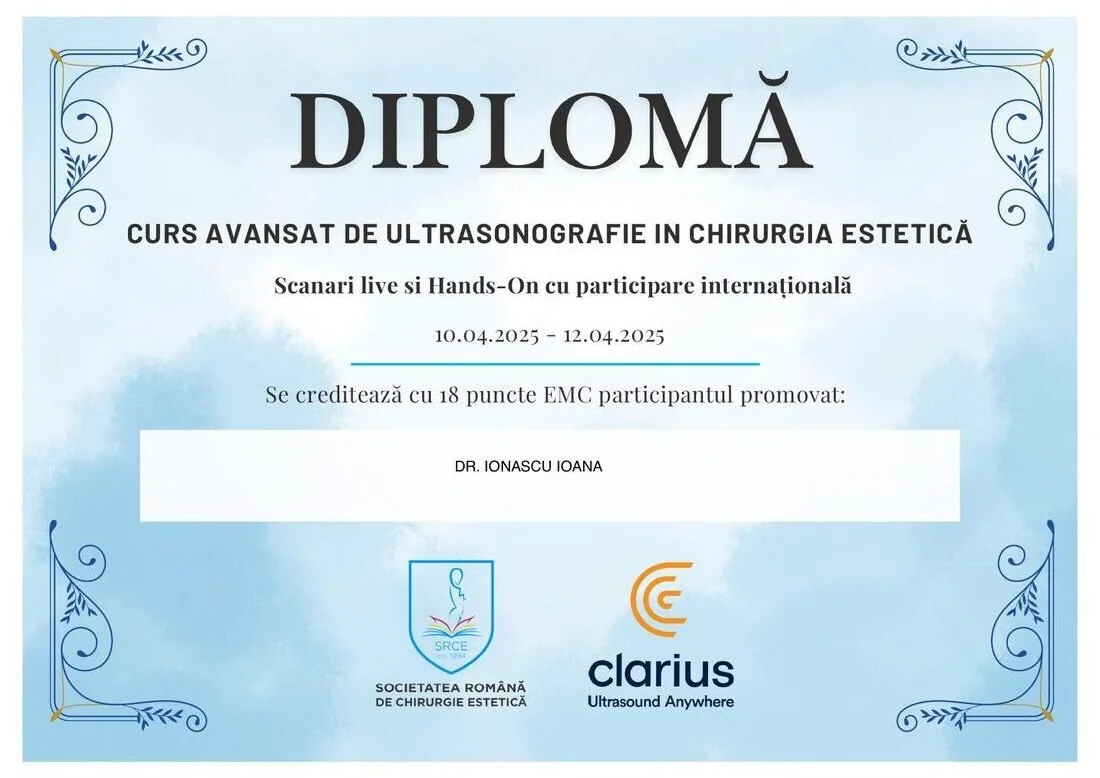Dr. Ioana Ionașcu - Curs avansat de ultrasonografie în chirurgia estetică (Clarius), Brașov 2025 (18 credite EMC)