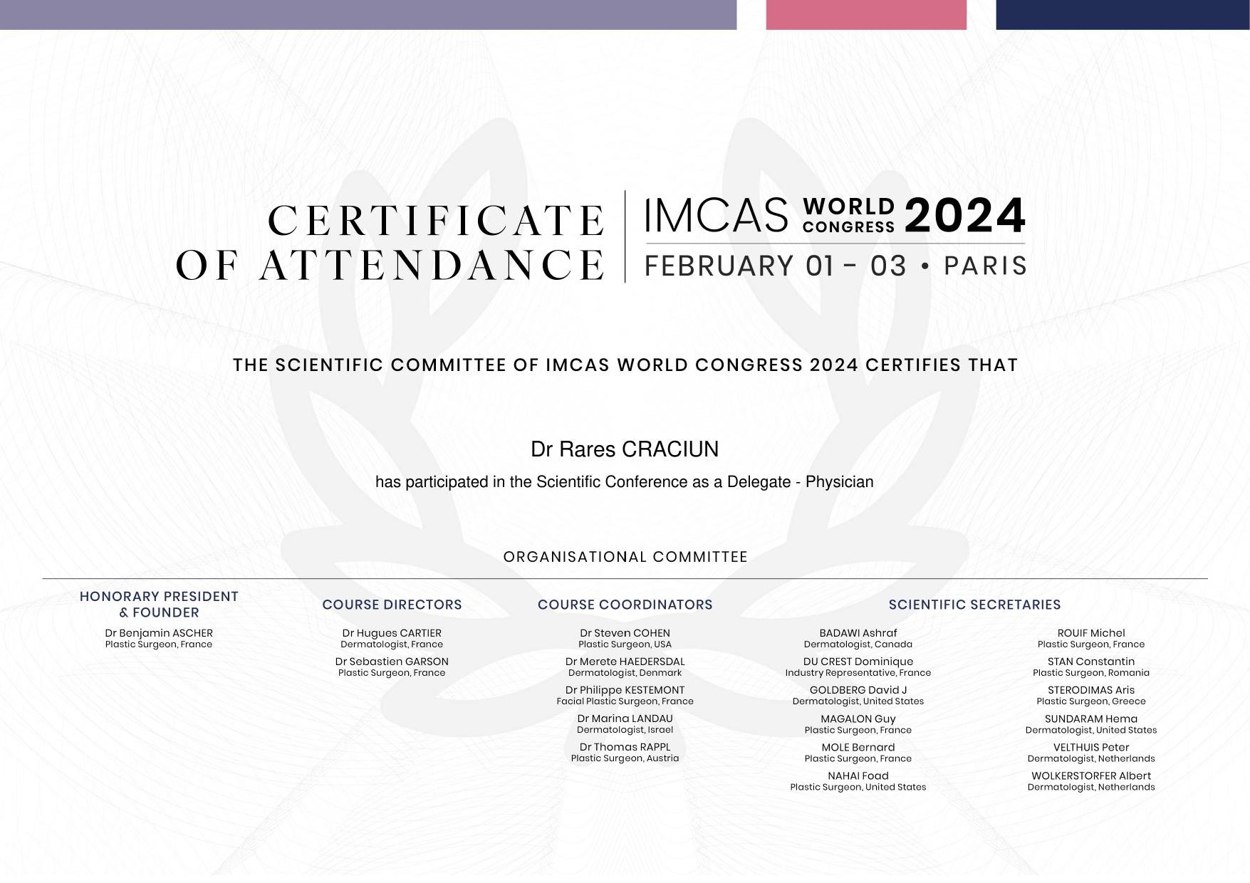 Dr. Crăciun Rareș - IMCAS World Congress, Paris 2024 (20 credite CME)
