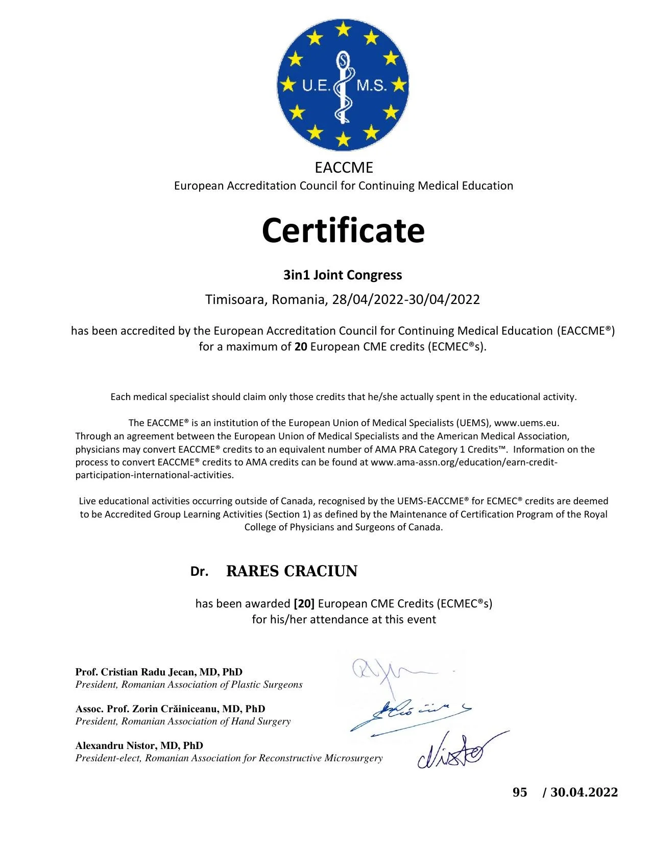 Dr. Crăciun Rareș - 3in1 Joint Congress, Timișoara 2022 (20 credite CME)