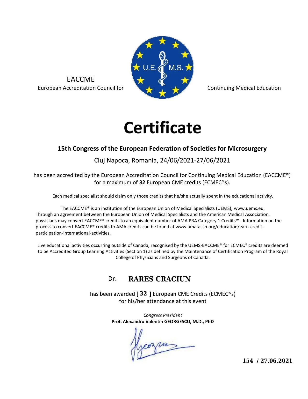 Dr. Crăciun Rareș - Congresul Federației Europene de Microchirurgie (EFSM), Cluj 2021 (32 credite CME)
