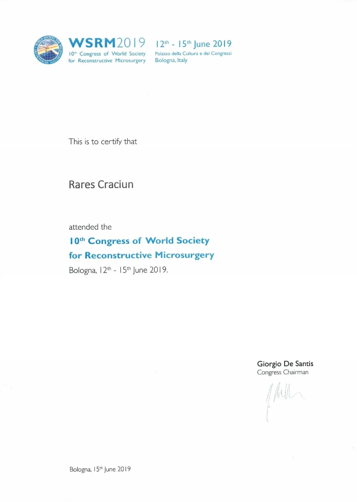 Dr. Crăciun Rareș - World Society for Reconstructive Microsurgery (WSRM), Bologna 2019