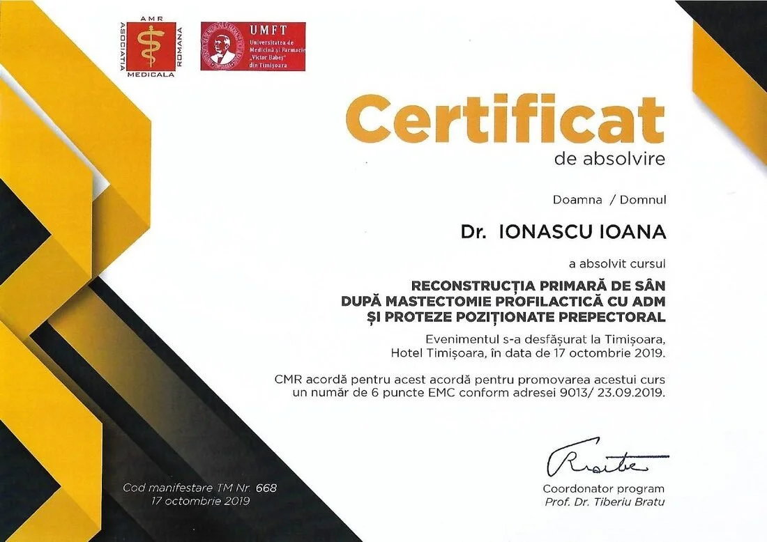 Dr. Ioana Ionașcu - Curs de reconstrucție primară a sânului după mastectomie profilactică cu ADM și proteze prepectorale, Timișoara 2019 (6 credite EMC)