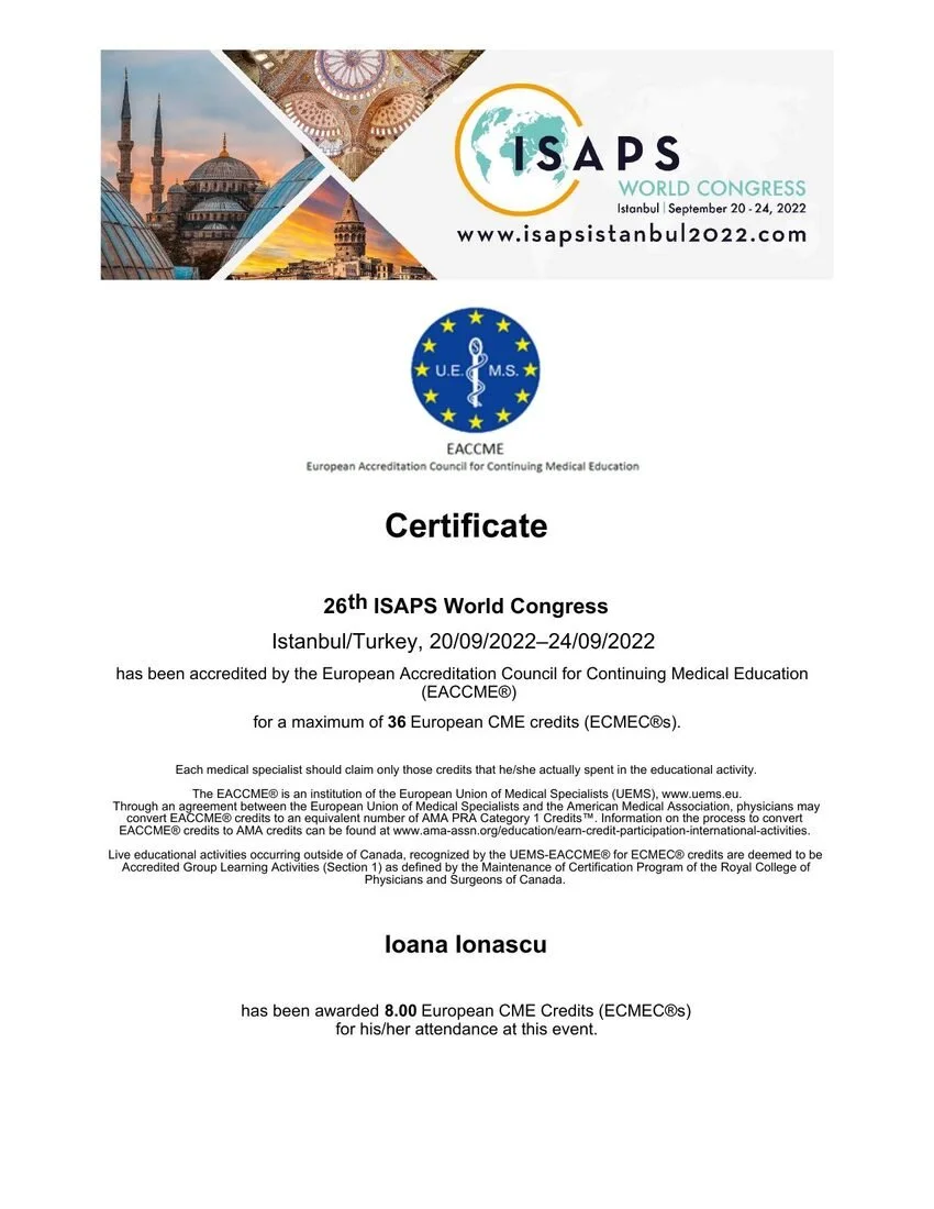 Dr. Ioana Ionașcu - ISAPS World Congress, Istanbul 2022 (8 credite CME)