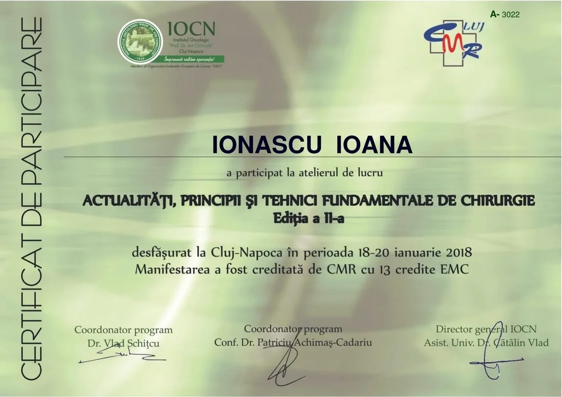 Dr. Ioana Ionașcu - Atelier „Actualități, principii și tehnici fundamentale de chirurgie" (IOCN), Cluj-Napoca 2018 (13 credite EMC)
