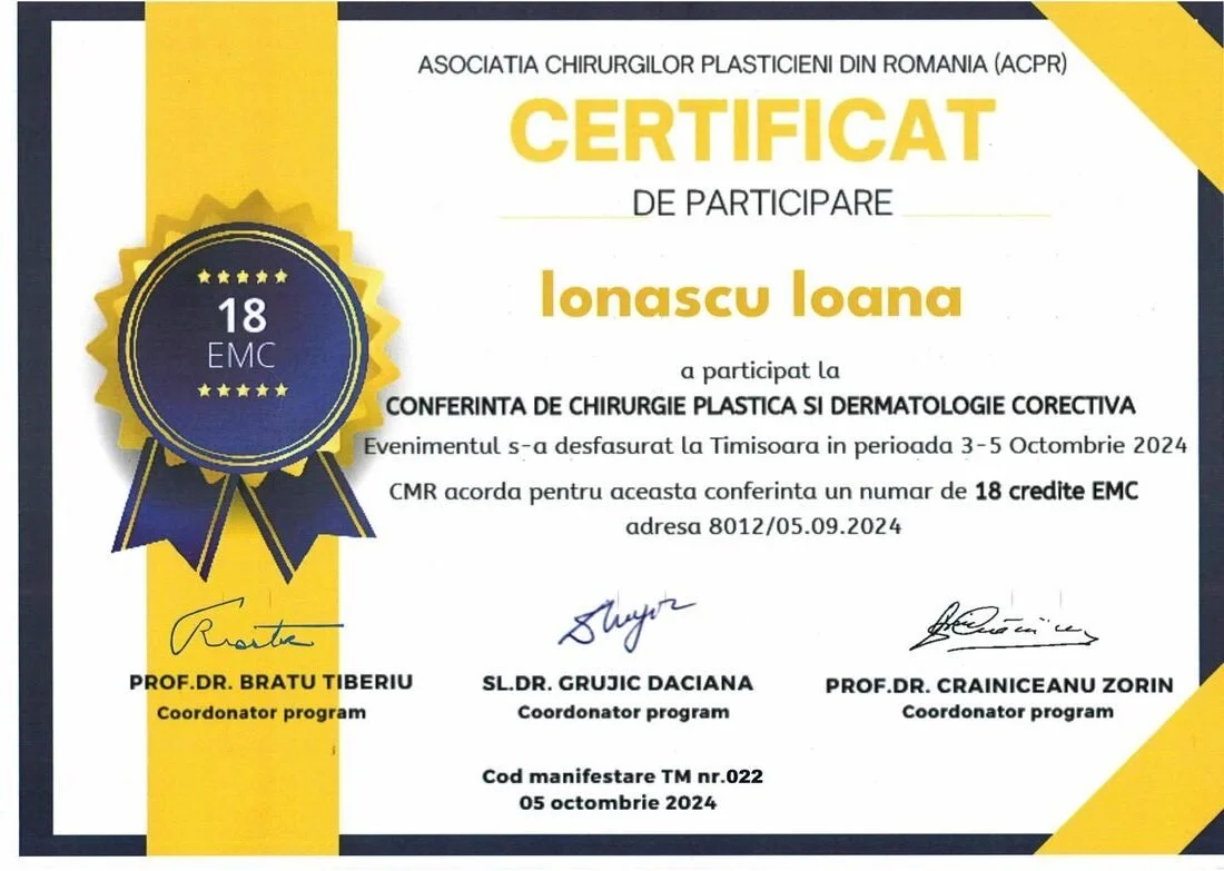Dr. Ioana Ionașcu - Conferința de Chirurgie Plastică și Dermatologie Corectivă (ACPR), Timișoara 2024 (18 credite EMC)