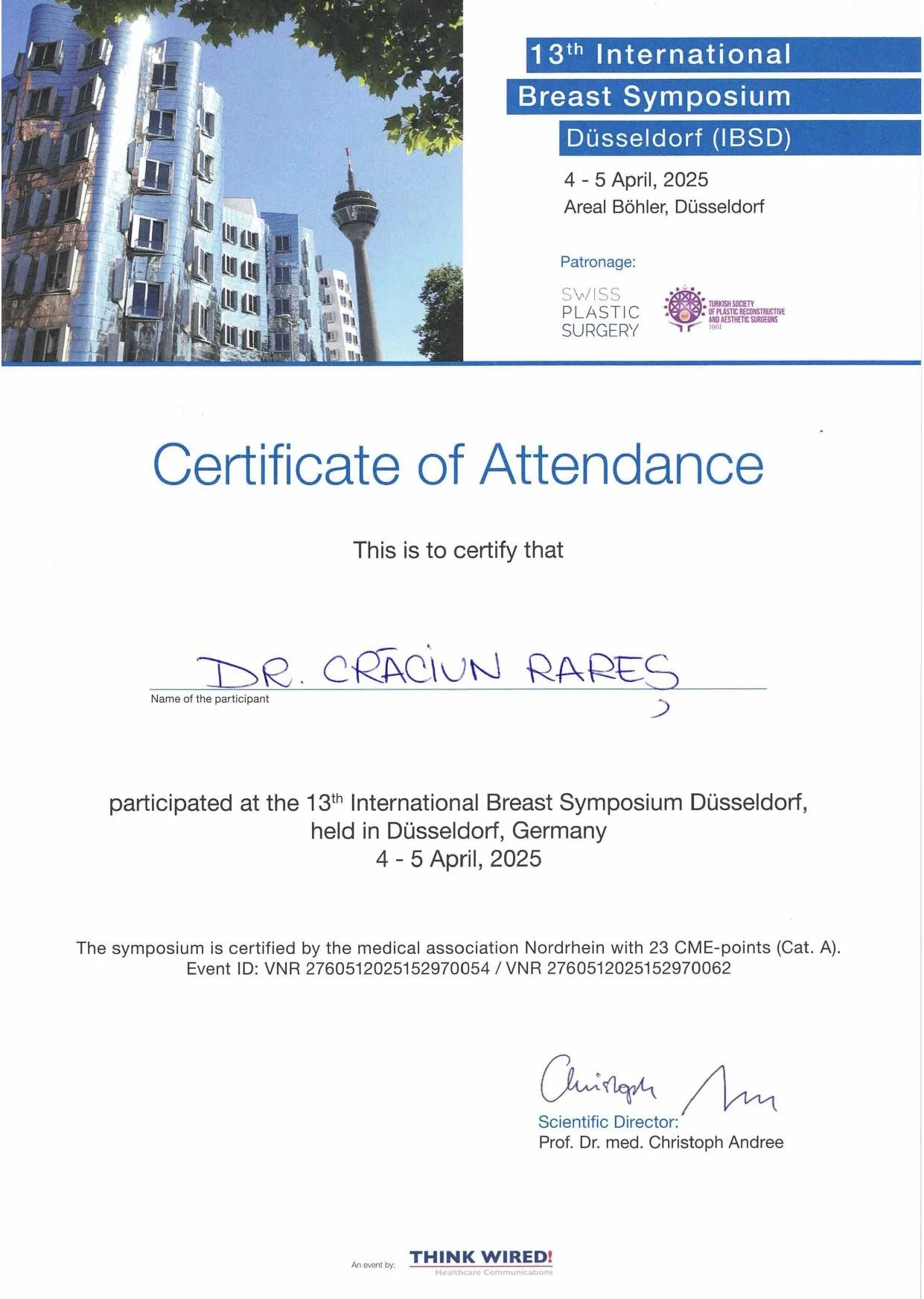 Dr. Crăciun Rareș - 13th International Breast Symposium, Düsseldorf 2025 (23 credite CME)