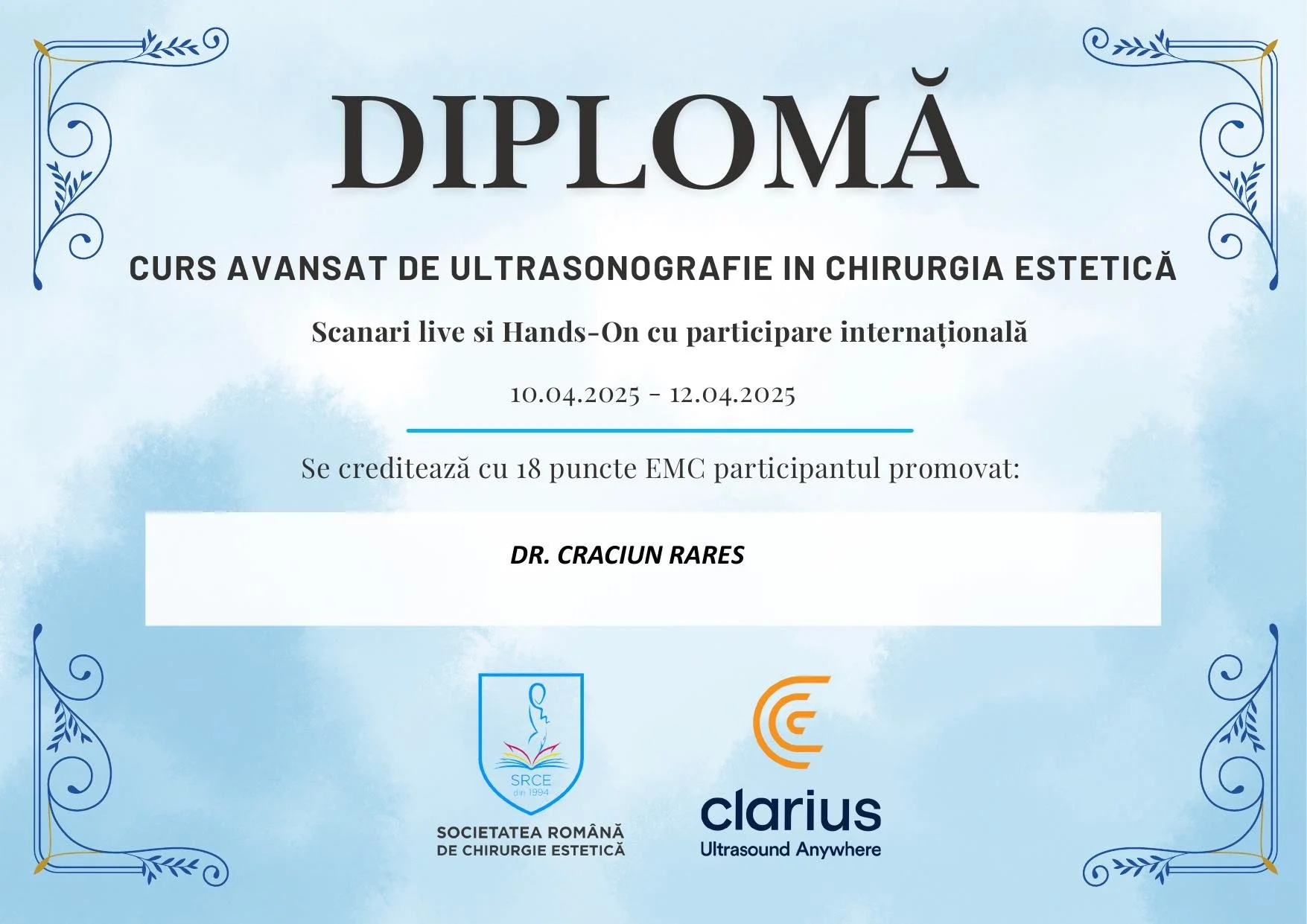 Dr. Crăciun Rareș - Curs Avansat de Ultrasonografie în Chirurgia Estetică (Clarius), Brașov 2025 (18 credite EMC)