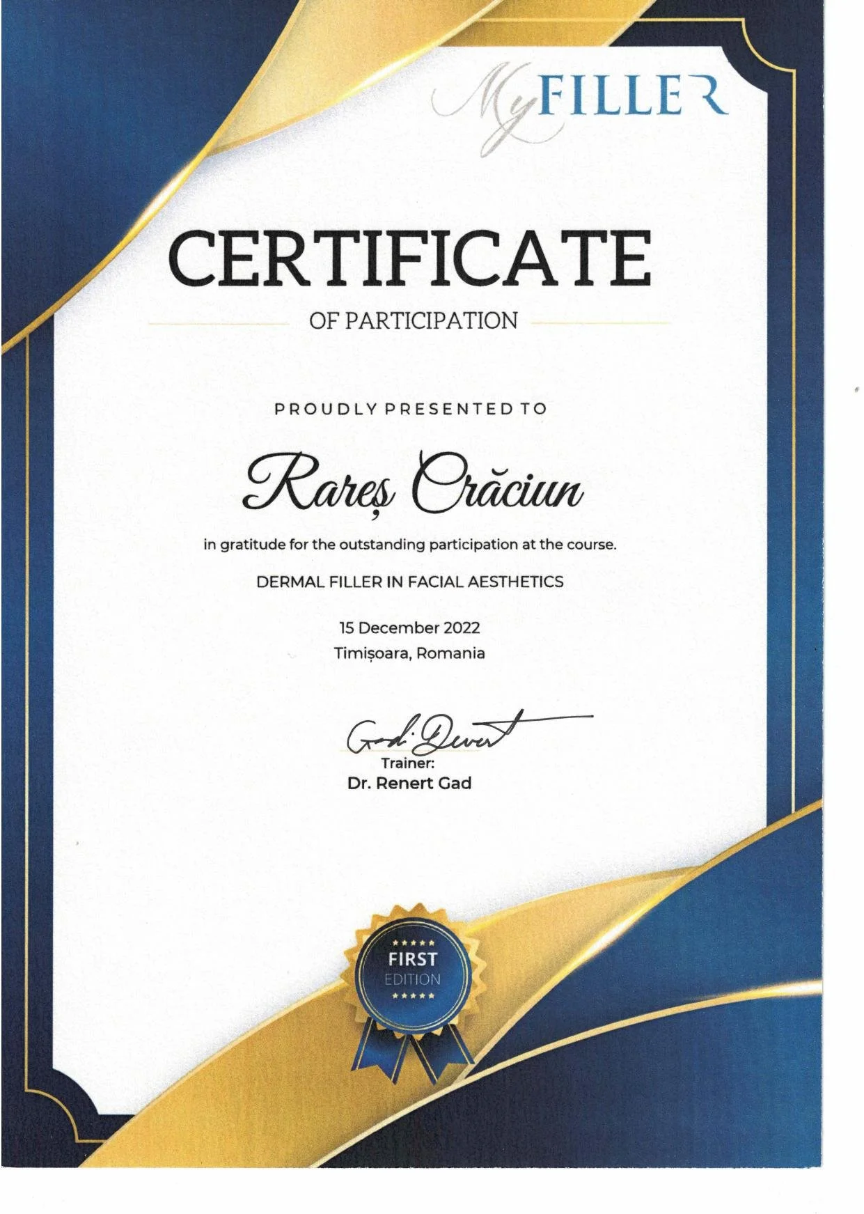 Dr. Crăciun Rareș - Curs Dermal Filler in Facial Aesthetics (MyFiller), Timișoara 2022