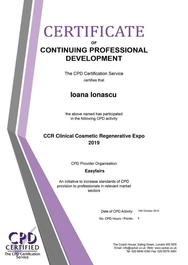 Dr. Ioana Ionașcu - CCR Clinical Cosmetic Regenerative Expo, Londra 2019 (8 credite CPD)