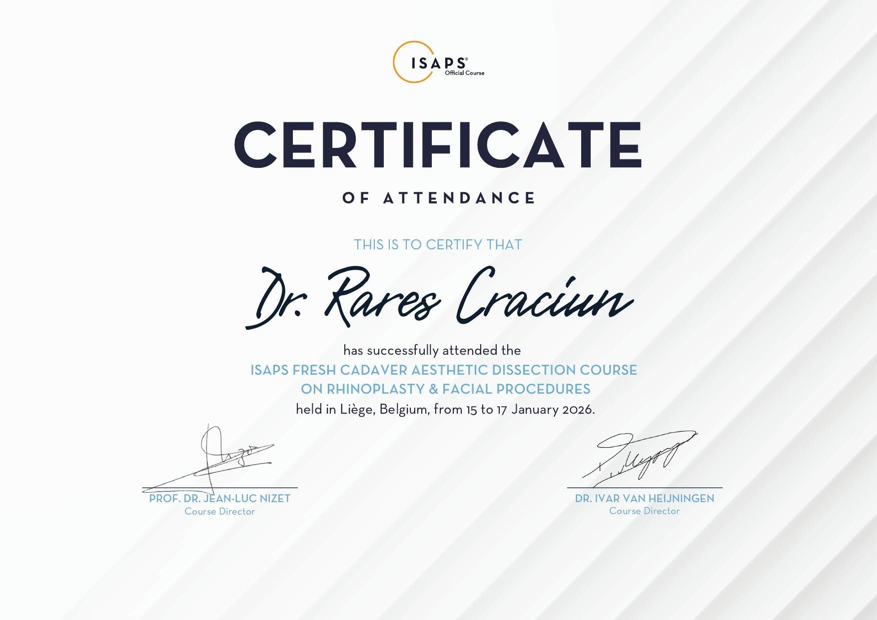 Dr. Crăciun Rareș - ISAPS Fresh Cadaver Dissection Course, Rinoplastie și proceduri faciale, Liège 2026 (24 credite CME)