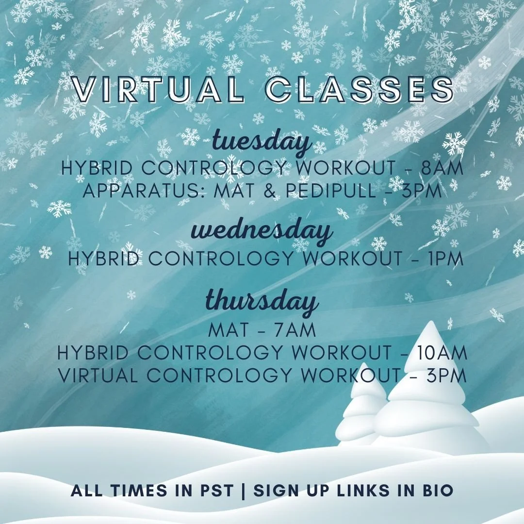 Six opportunities to move with me online this week!
Virtual Apparatus Class: Tuesdays 3pm PST
This week we'll be working warming up on the mat and then using the Pedipull to create length & decompression in our spines as well as build our back c