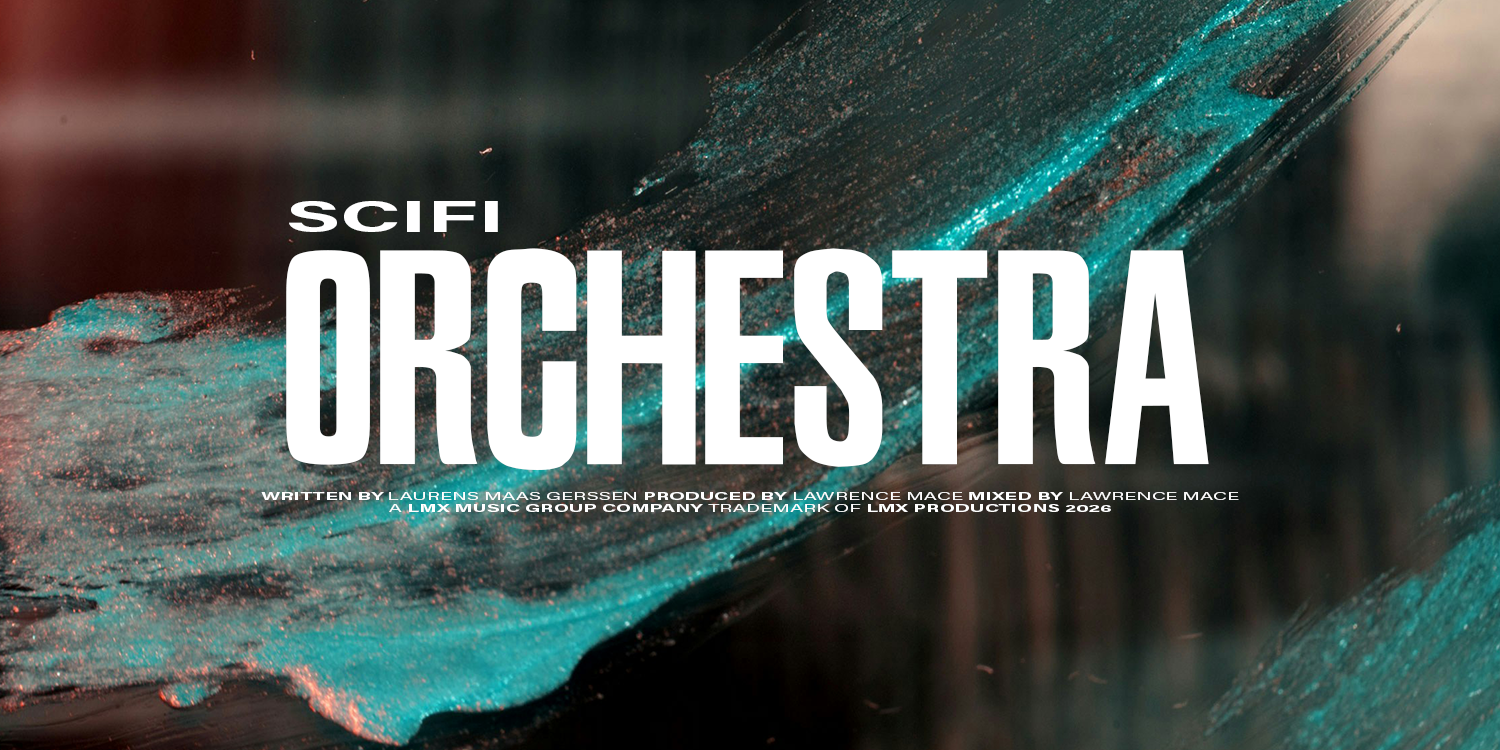 Promotional graphic for a sci-fi orchestra. Background features abstract, cosmic-like textures with teal and black colors. Text includes "SCI-FI ORCHESTRA" in bold white letters. music playlist by Lawrence Mace, powered by LMX Music Group