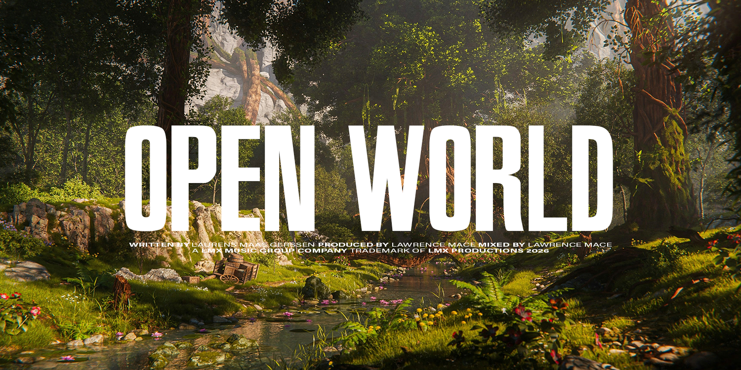 A lush forest with a stream, large trees, and sunlight filtering through the leaves, overlaid with the text 'Open World' in large white letters. music playlist by Lawrence Mace, powered by LMX Music Group