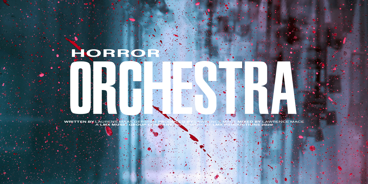 Title graphic for the horror playlist 'Horror Orchestra,' featuring blood splatters and dark, blurred background. music playlist by Lawrence Mace, powered by LMX Music Group