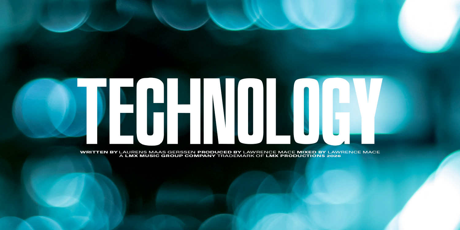 The image contains the word 'TECHNOLOGY' in large white letters over a blue bokeh background. music playlist by Lawrence Mace, powered by LMX Music Group