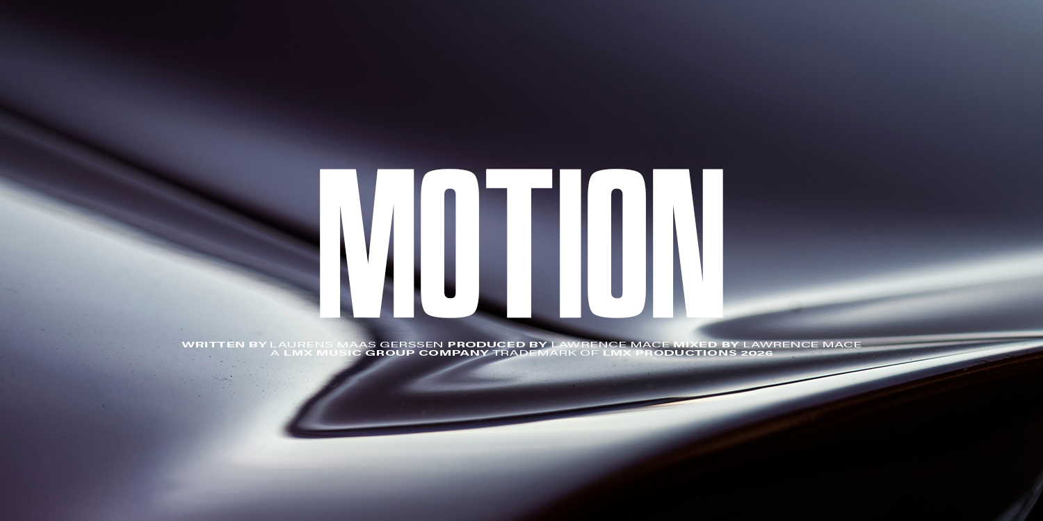 Close-up of a sleek, shiny surface with the word 'MOTION' in bold white letters overlaid. playlist by Lawrence Mace, powered by LMX Music Group