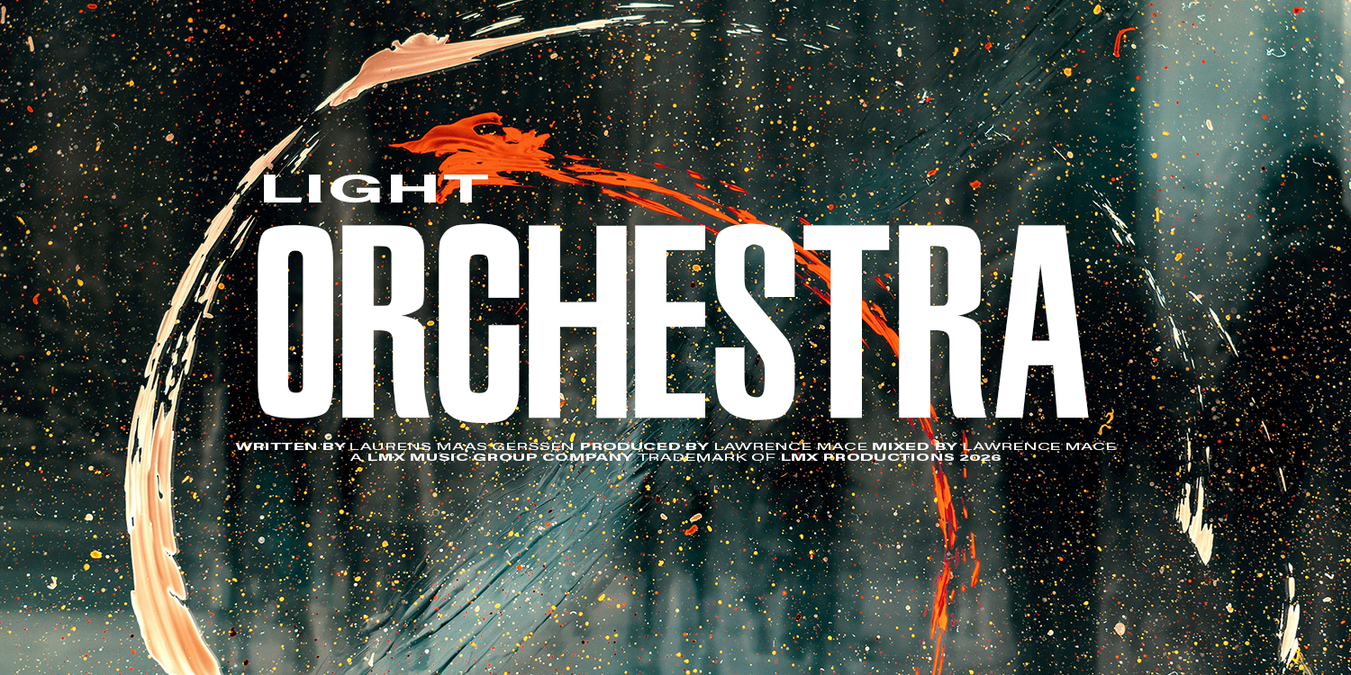 Abstract background with splattered paint in orange, white, black, and gray hues, featuring large white text that reads "LIGHT ORCHESTRA" with smaller text below. music playlist by Lawrence Mace, powered by LMX Music Group