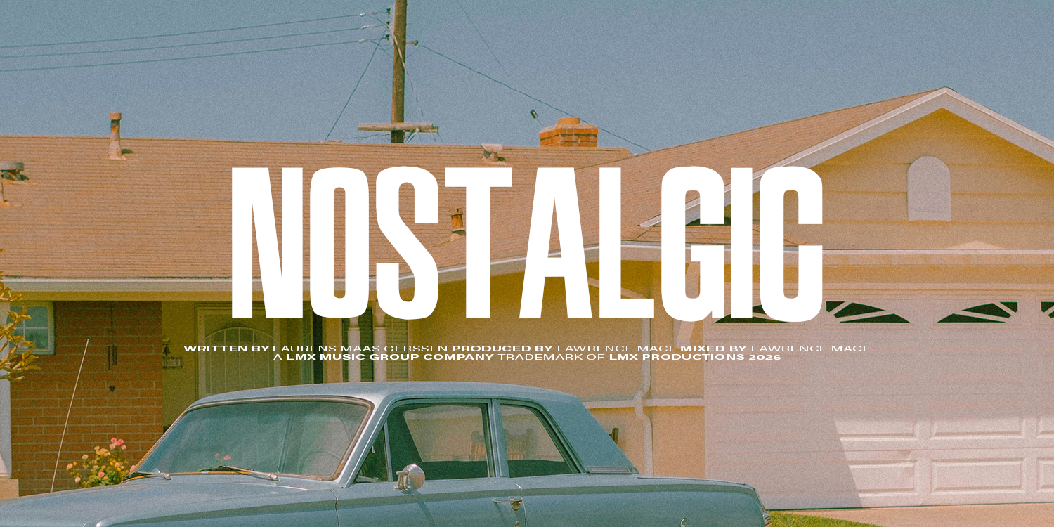 A blue vintage car parked in front of a yellow house with a garage, under a clear sky, with large white text saying "NOSTALGIC" overlayed. music playlist by Lawrence Mace, powered by LMX Music Group