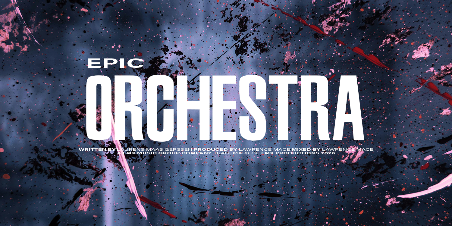 Title screen for a music project called 'Epic Orchestra' with a cosmic, abstract background featuring splatters and streaks of pink, black, and purple. music playlist by Lawrence Mace, powered by LMX Music Group
