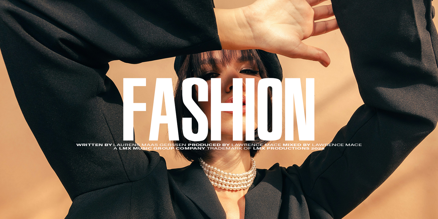 Fashion magazine cover featuring a woman in black clothing with pearl necklace making a pose with one arm over her forehead - playlist by Lawrence Mace, powered by LMX Music Group