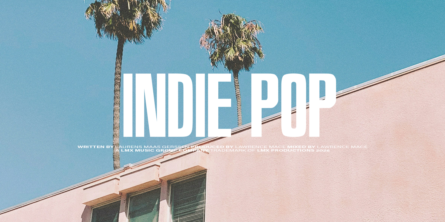 A pink building with palm trees against a clear blue sky, overlaid with the text 'Indie Pop' in large white letters. music playlist by Lawrence Mace, powered by LMX Music Group