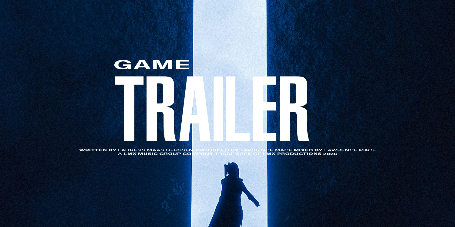 Dark blue background with a lighter blue vertical stripe in the center. Text reads 'Game Trailer' with 'Game' smaller and above 'Trailer'. music playlist by Lawrence Mace, powered by LMX Music Group