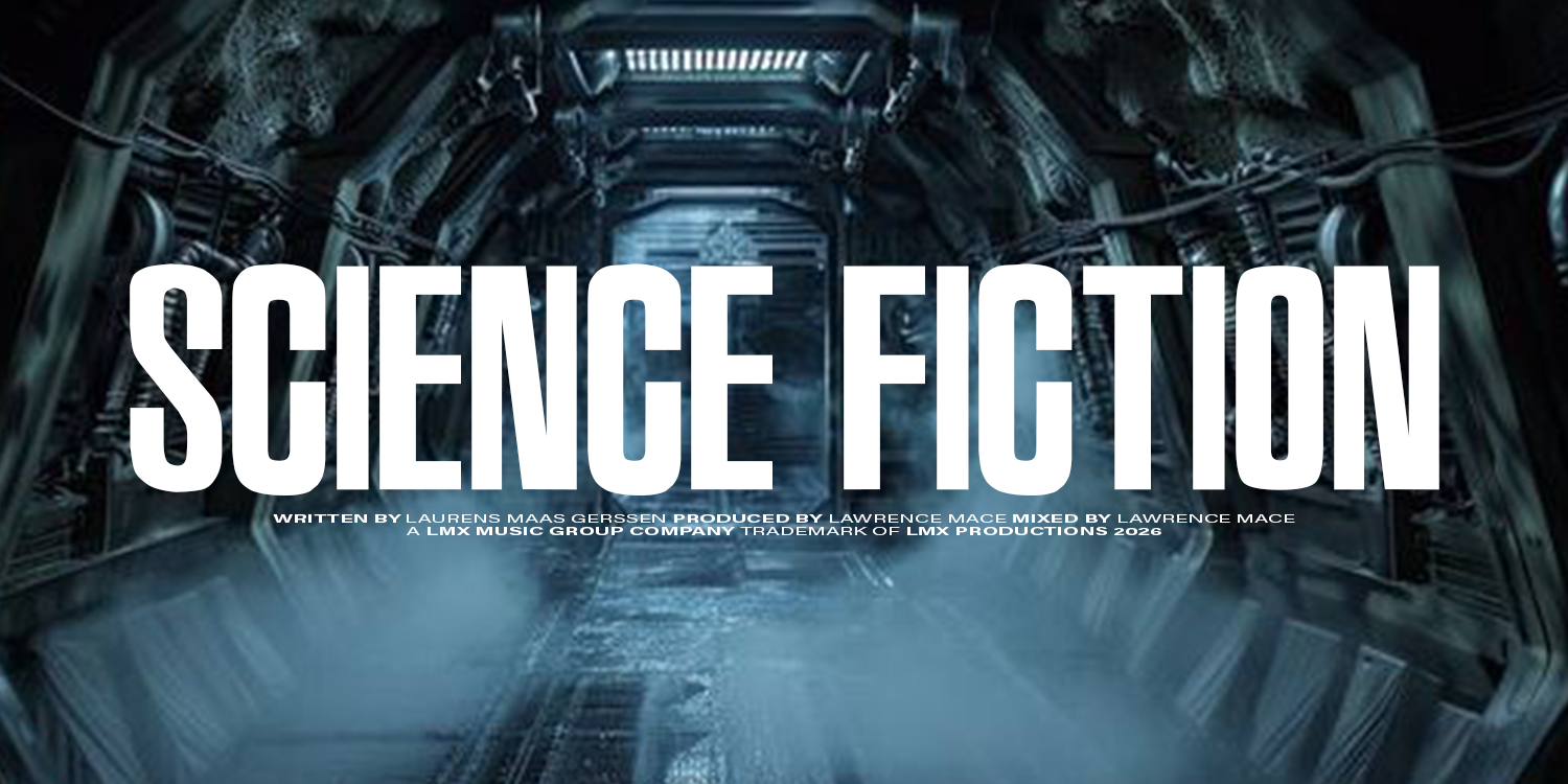 Futuristic space station corridor with technical equipment and blue lighting, overlaid with the title 'Science Fiction' in large white letters. playlist by Lawrence Mace, powered by LMX Music Group