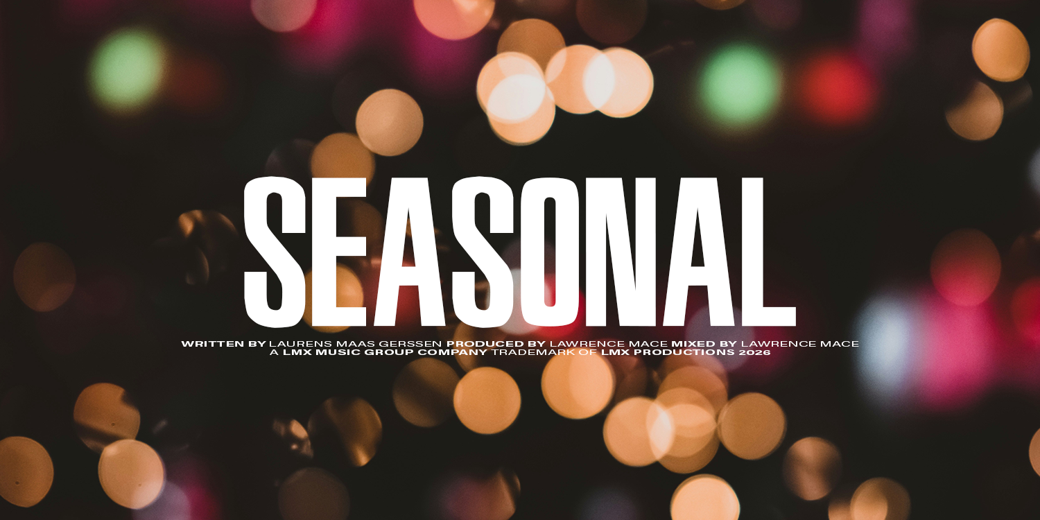 Close-up of a decorated Christmas tree with lights and ornaments, alongside wrapped gifts, with the word 'SEASONAL' overlaid. music playlist by Lawrence Mace, powered by LMX Music Group
