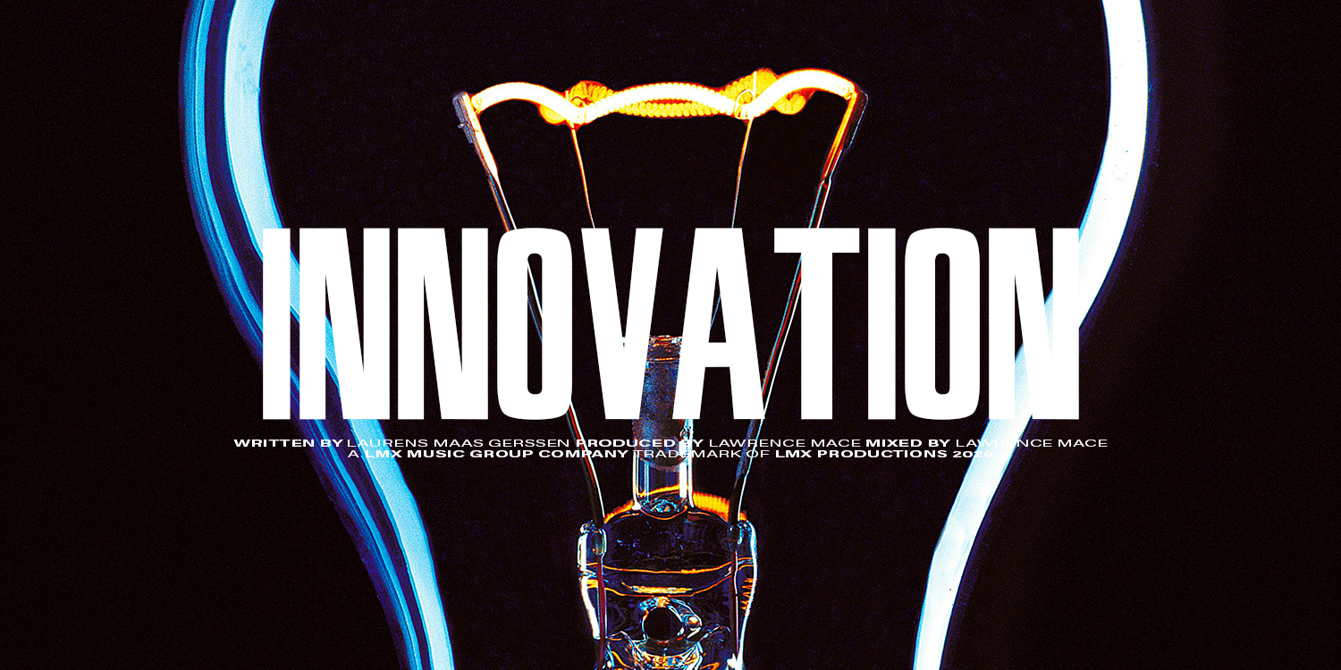 A glowing light bulb illustration with the word 'INNOVATION' written across it in large white text. music playlist by Lawrence Mace, powered by LMX Music Group