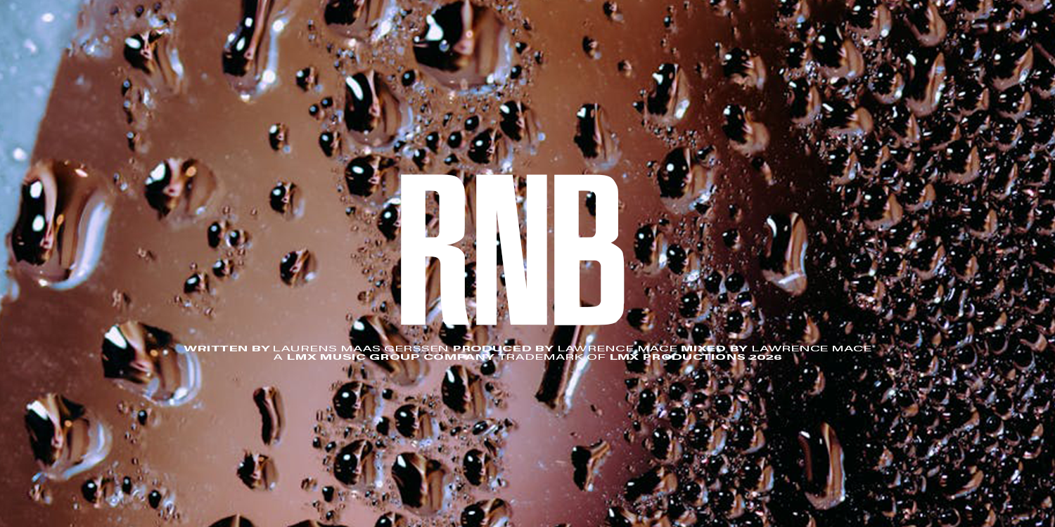 Close-up of a milk chocolate bar with water droplets on it, with the text 'R&B' overlaid. music playlist by Lawrence Mace, powered by LMX Music Group
