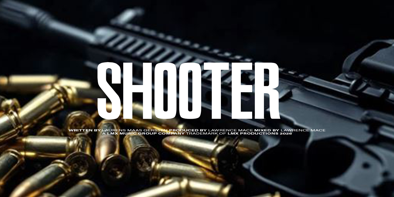 A black gun with gold bullets spread out next to it, on a dark background, with the word "SHOOTER" written across the center. Game music.composition playlist by Lawrence Mace, powered by LMX Music Group