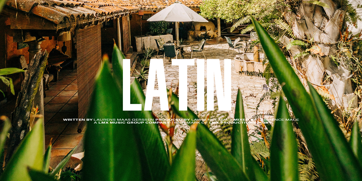 A lush outdoor patio with green plants, a stone pathway, metal chairs, with title Latin. music playlist by Lawrence Mace, powered by LMX Music Group