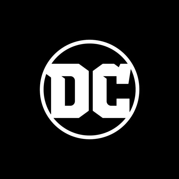 Black background with a white DC logo, featuring the letters 'DC' inside a circle.