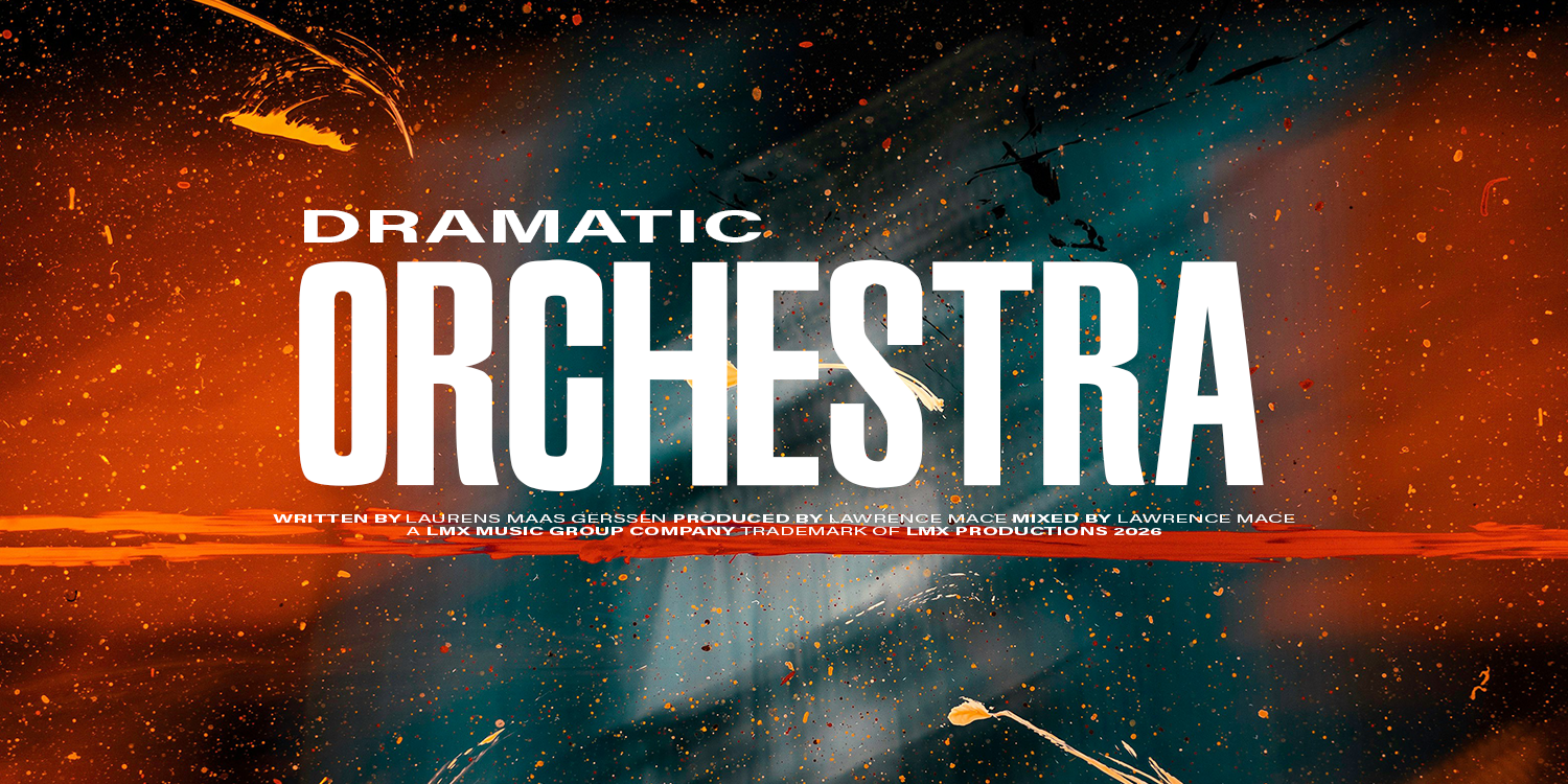 A promotional poster for the musical 'Dramatic Orchestra', featuring large white text on a dynamic abstract background with orange and blue colors, splatters, and silhouettes of helicopters. music playlist by Lawrence Mace, powered by LMX Music Group