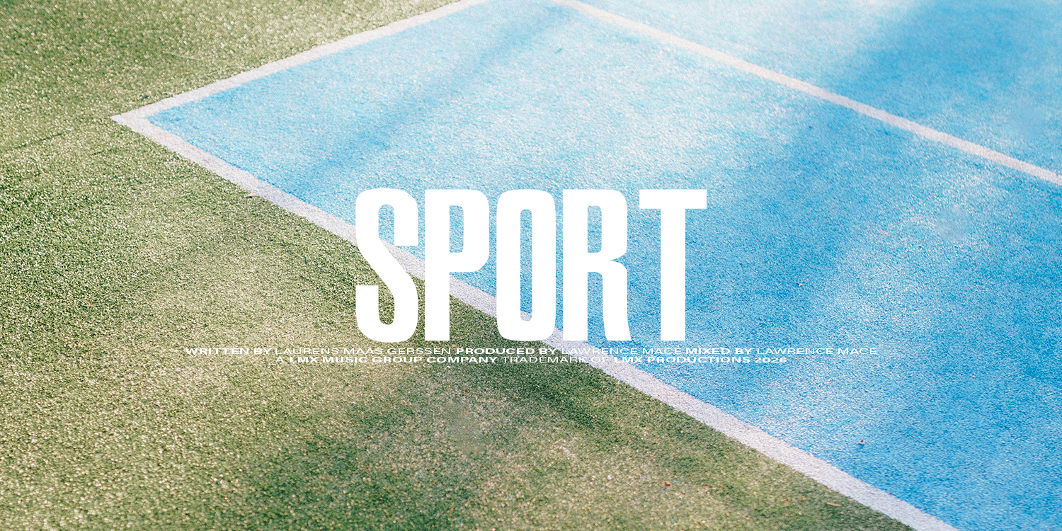 A close-up photo of a tennis court surface with a blue playing area and green surroundings, overlaid with the word 'SPORT' in large white letters. music playlist by Lawrence Mace, powered by LMX Music Group