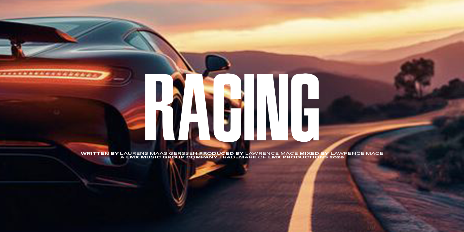 A black sports car on a winding mountain road at sunset with mountains and trees in the background, overlaid with the word "RACING" in large white letters. music playlist by Lawrence Mace, powered by LMX Music Group