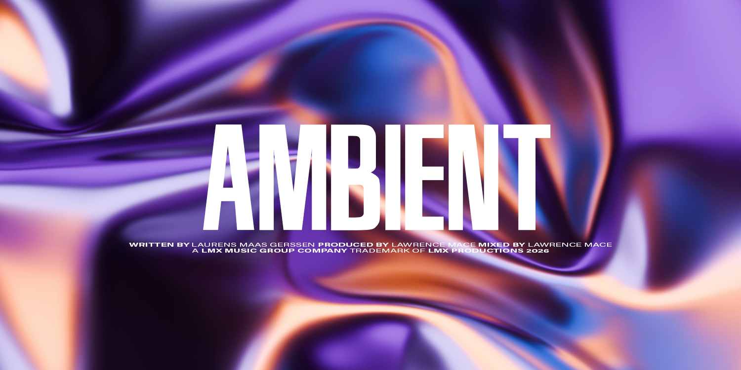 Abstract background with flowing purple, orange, and blue colors, overlaid with the word "AMBIENT" in bold white text. music playlist by Lawrence Mace, powered by LMX Music Group