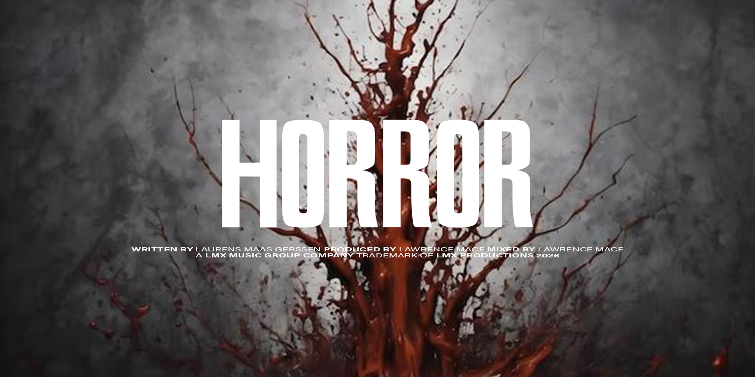 A dark gray textured background with a blood-spattered tree silhouette in the center and the word 'Horror' in large white capital letters across the middle. music playlist by Lawrence Mace, powered by LMX Music Group