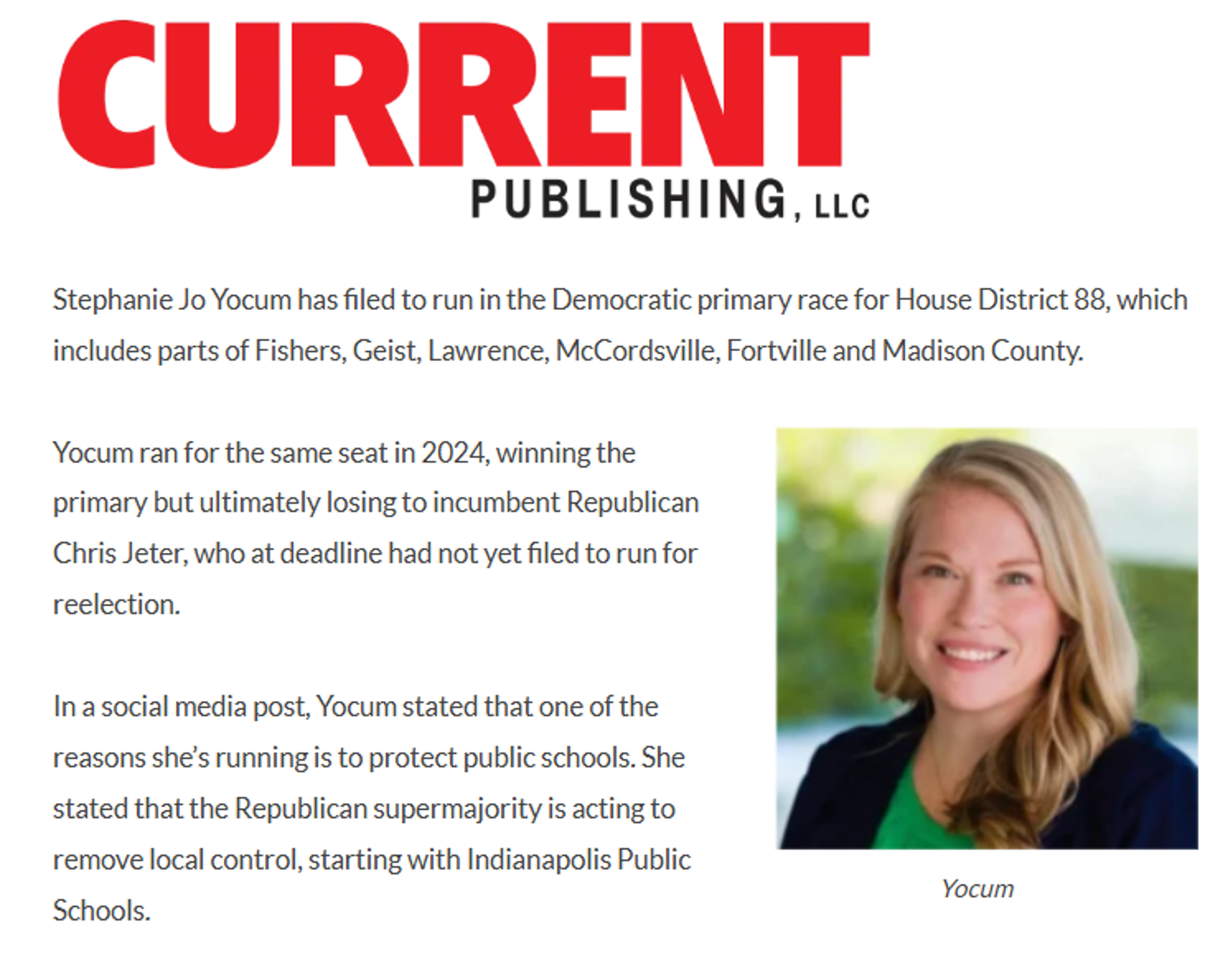 News article headline 'Current Publishing, LLC' with a photo of Stephanie Jo Yocum in the top right corner.