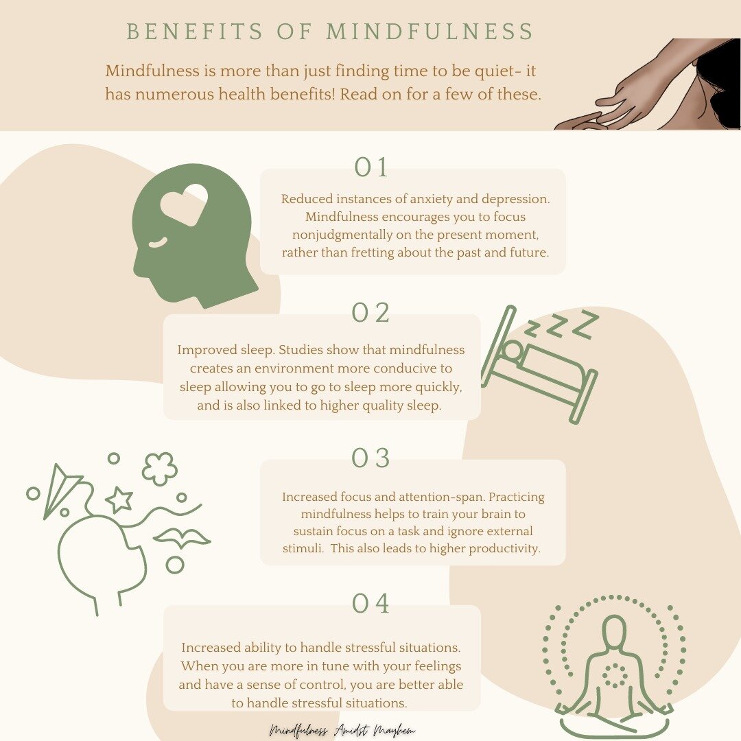Mindfulness has been linked to numerous health benefits. Here are just four of the many health benefits associated with incorporating mindfulness into your life. #mindfulness #mindful #mindfulmoment #mindfulnessbenefits #intentional #mindbodyspirit #